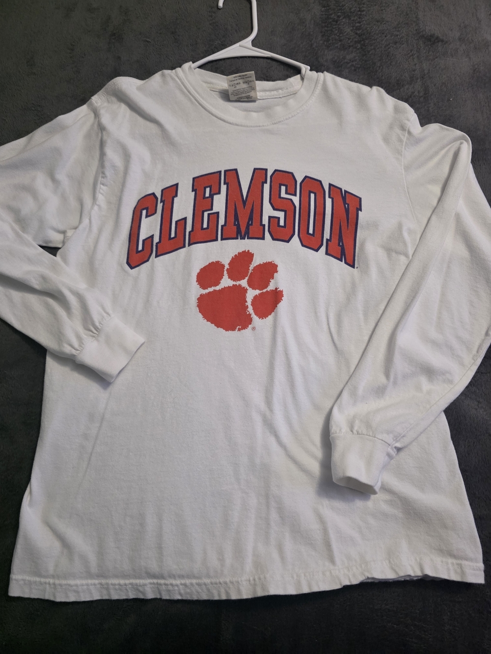 Comfort Colors White Long-Sleeve Clemson Graphic Tee with Orange Paw